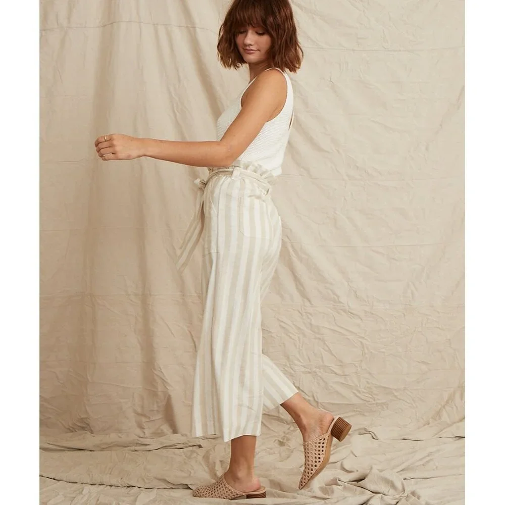 Marine Layer Caroline Pant Tan/White Stripe Small Wide Leg Capri Hemp Worn Once! - Picture 5 of 10